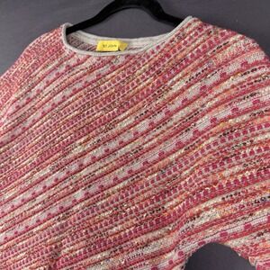 St. John Pink Striped Knit Metallic Top M Short Sleeve Crew Neck